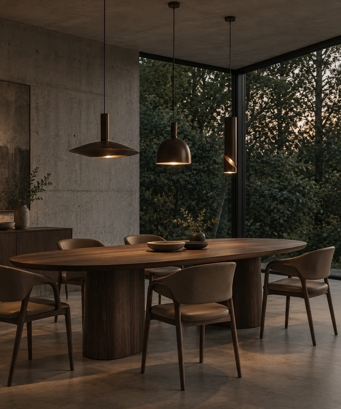 Sala de jantar com luminárias pendentes voltada para a mata