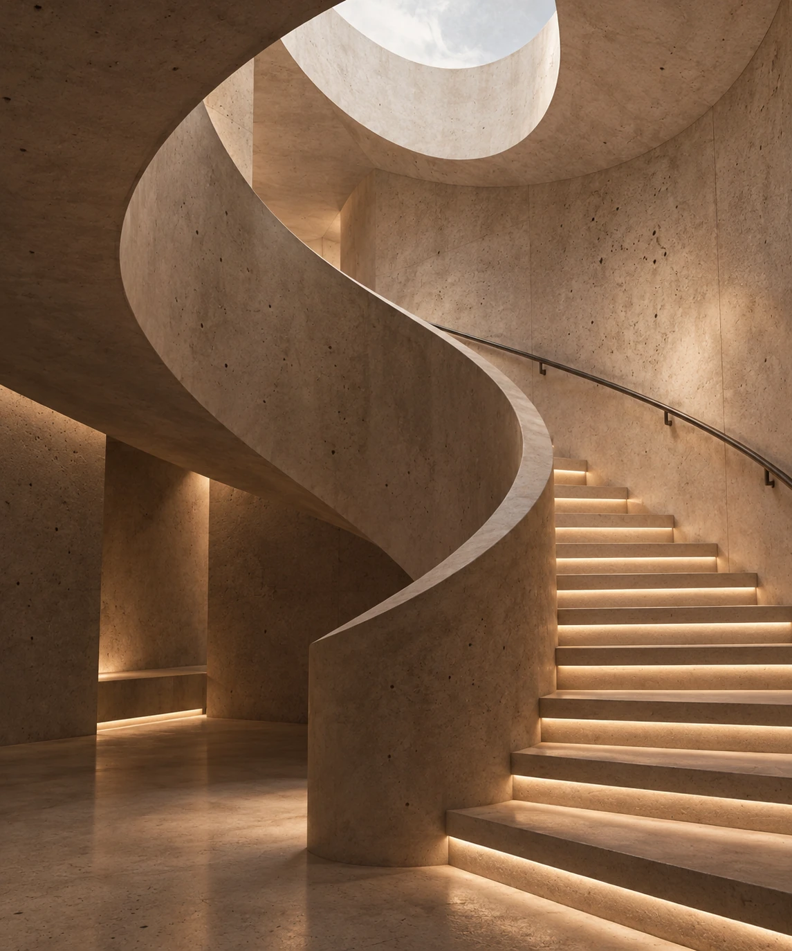 Escada curva de concreto com degraus iluminados