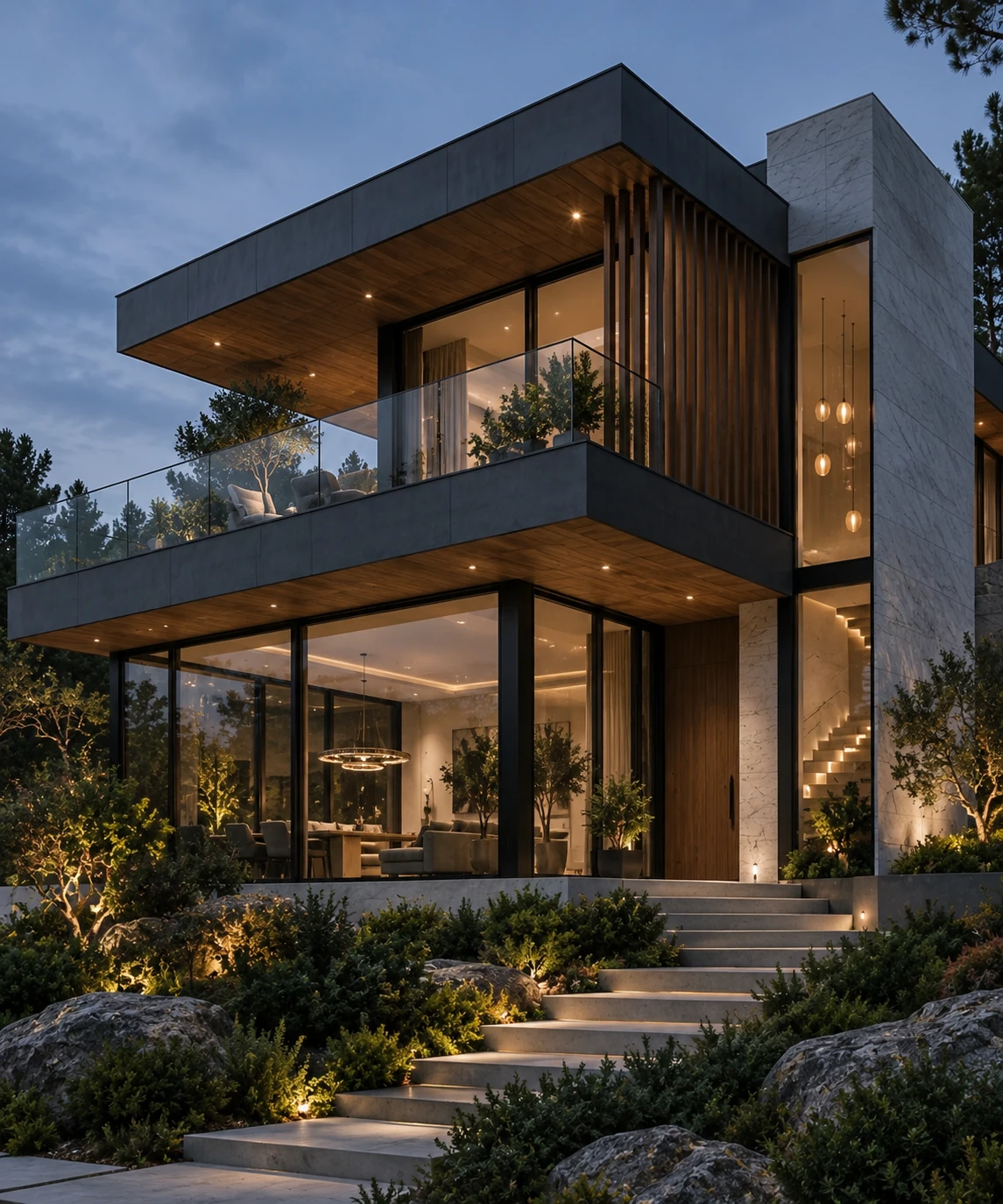 Casa de vidro e concreto em terraço arborizado ao entardecer