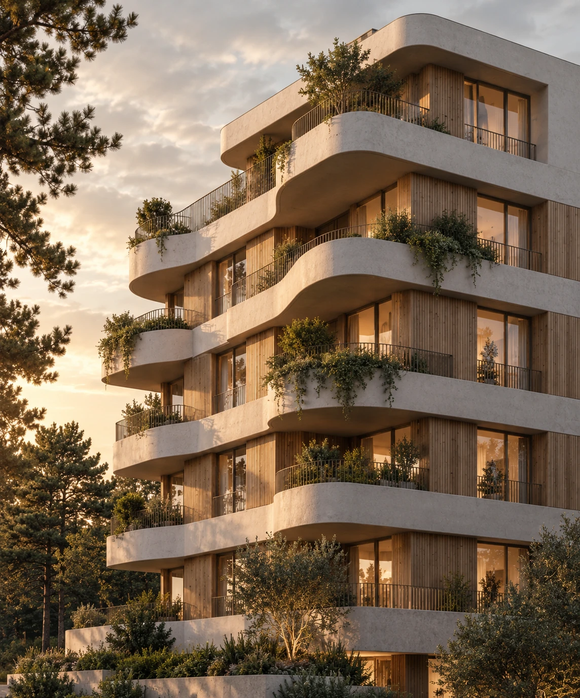 Torre residencial de sacadas curvas com vegetação