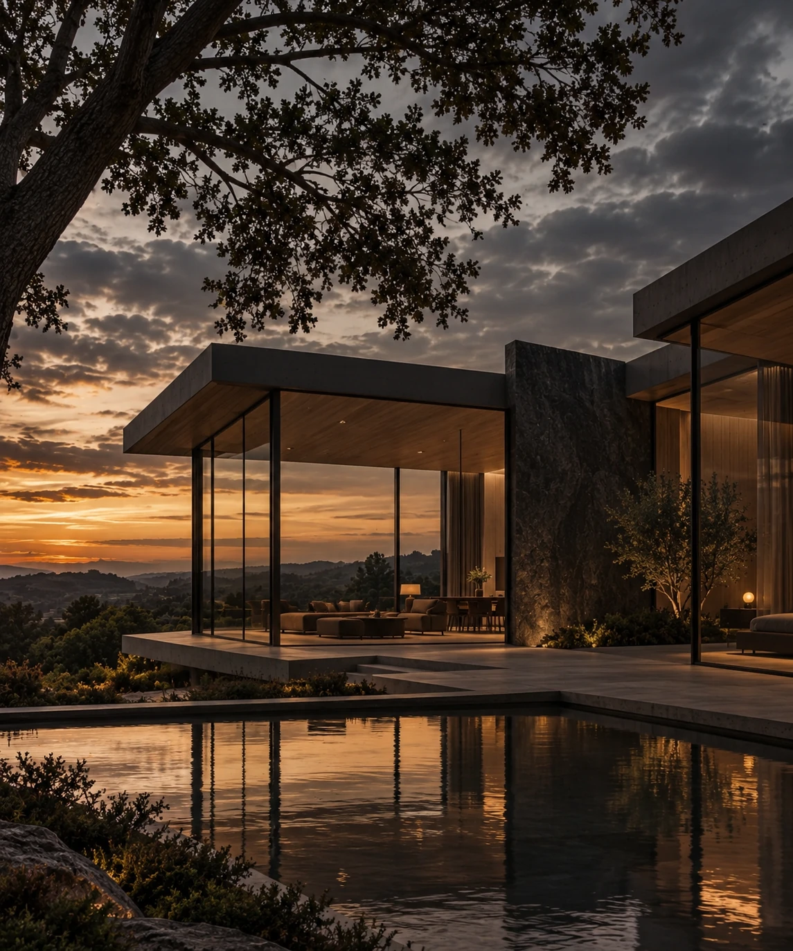 Pavilhão de vidro sob uma árvore ao pôr do sol