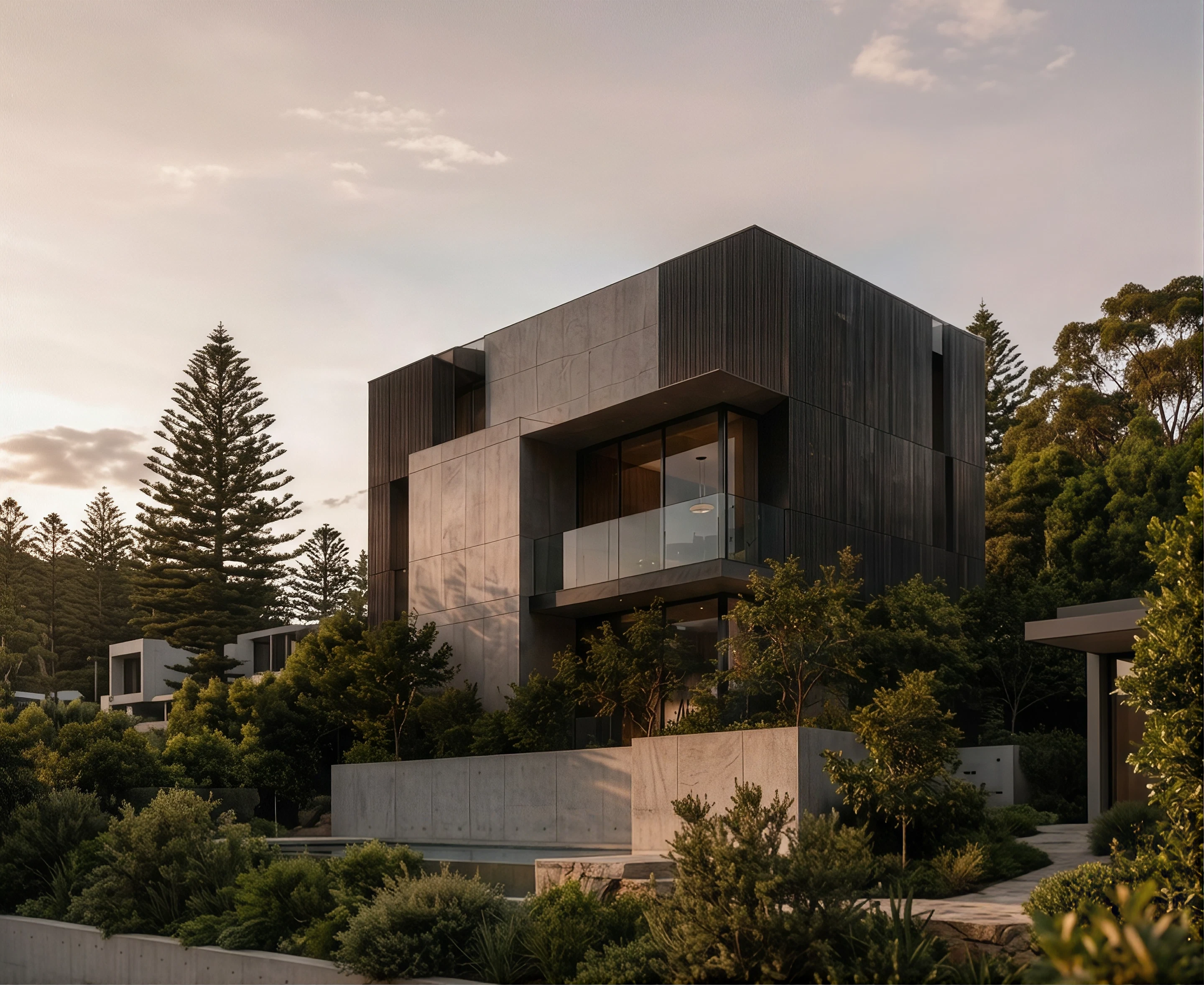 Casa de madeira e pedra ao entardecer