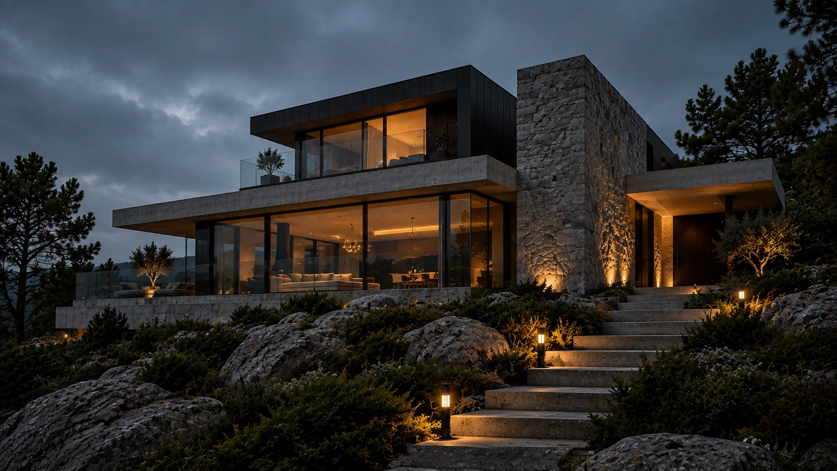 Casa de concreto na encosta iluminada por dentro