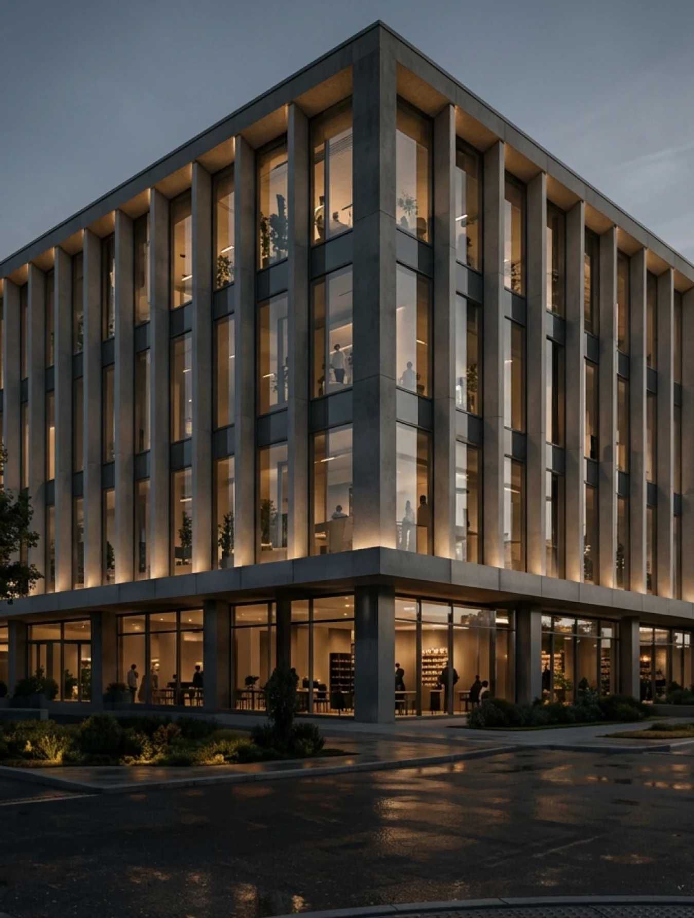 Edifício comercial com colunata iluminado ao entardecer