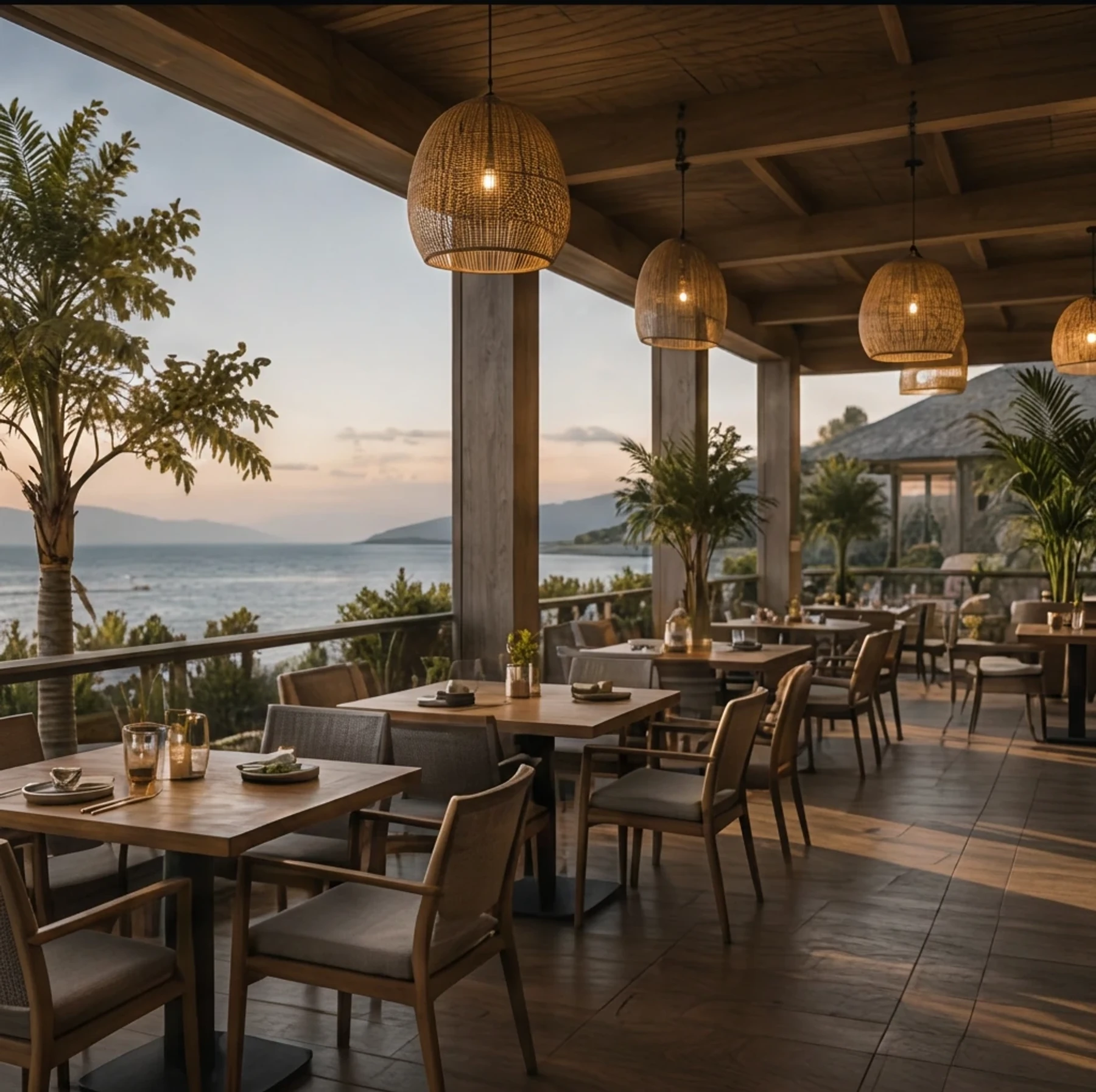Terraço coberto de restaurante com vista para o mar
