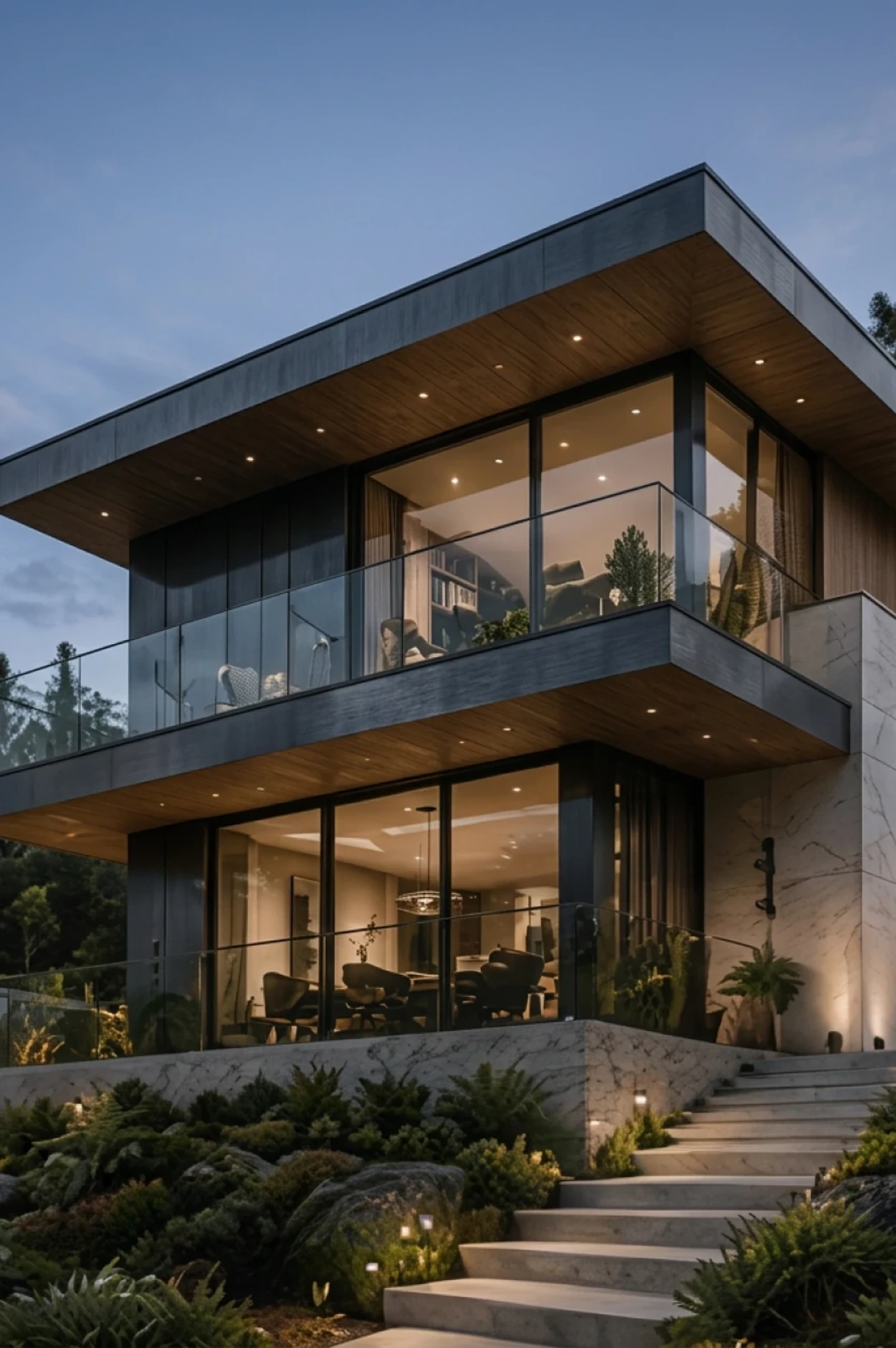 Casa residencial de dois pavimentos com sacadas envidraçadas