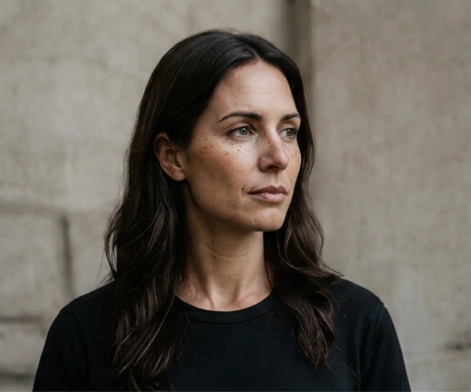 Kate Morrison olhando além da câmera diante de uma parede de concreto