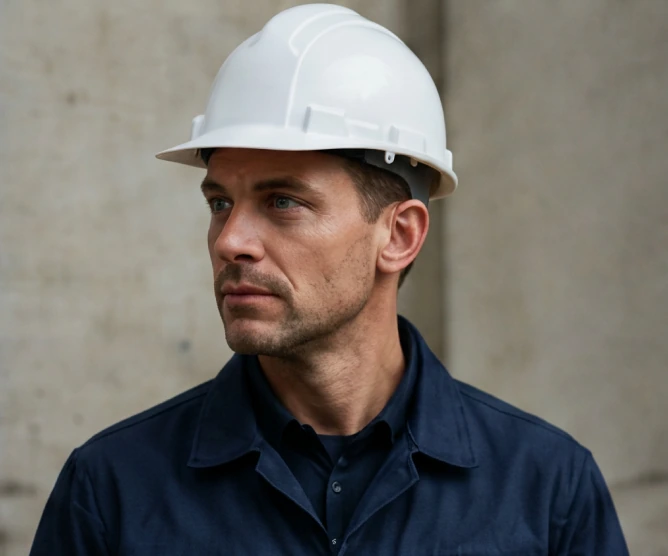 Daniel Lee de capacete no canteiro de obras
